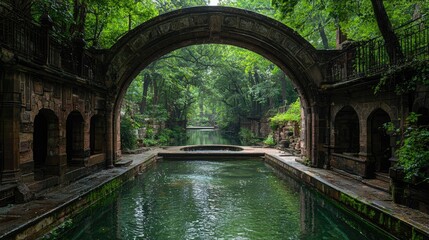 Serene arched bridge over tranquil pool in lush green park.  Ideal for travel brochures