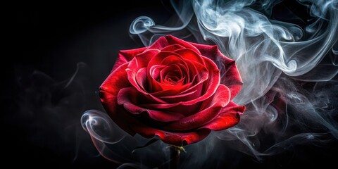 Rose wrapped in red smoke swirl on black background, fragrance, atmospheric,  fragrance, atmospheric, drama, floral,fashion, emotive