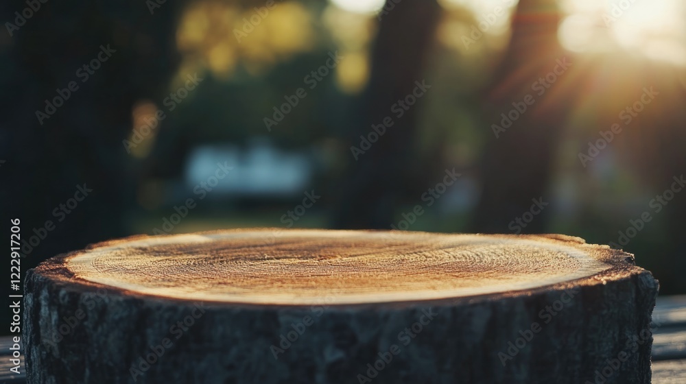 Poster Close up of tree cross section with warm sunset light creating a natural background and ample copy space for text or design elements
