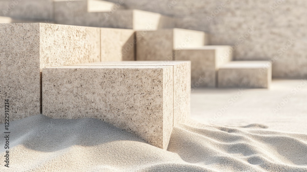Poster Close up of unfinished concrete block wall with sand beside it and spacious area for text in a construction setting