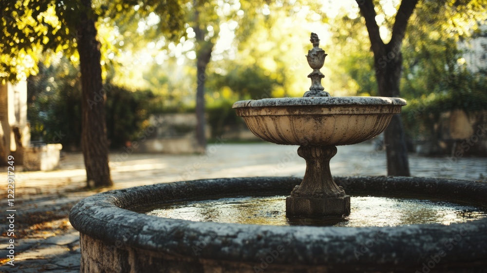 Poster aged village fountain surrounded by trees with serene ambiance and ample empty space for text or pro