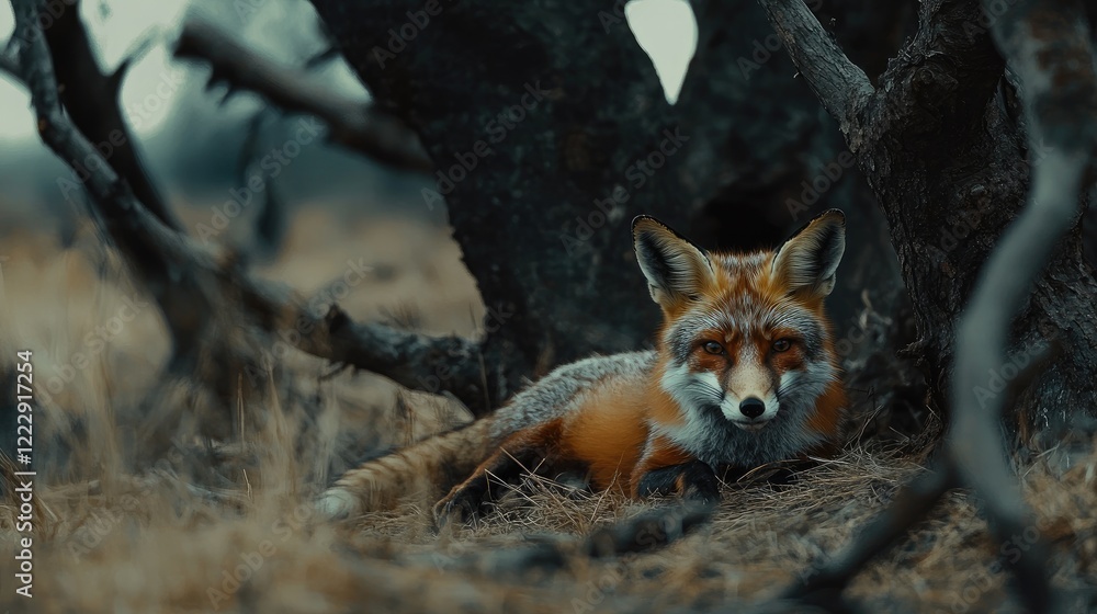 Poster Close up of a resting fox on grass near dead trees with natural empty space for adding text or branding elements