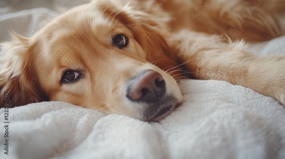 Aufkleber Golden retriever puppy relaxing on a soft bed featuring serene expression with ample copy space for text or branding use