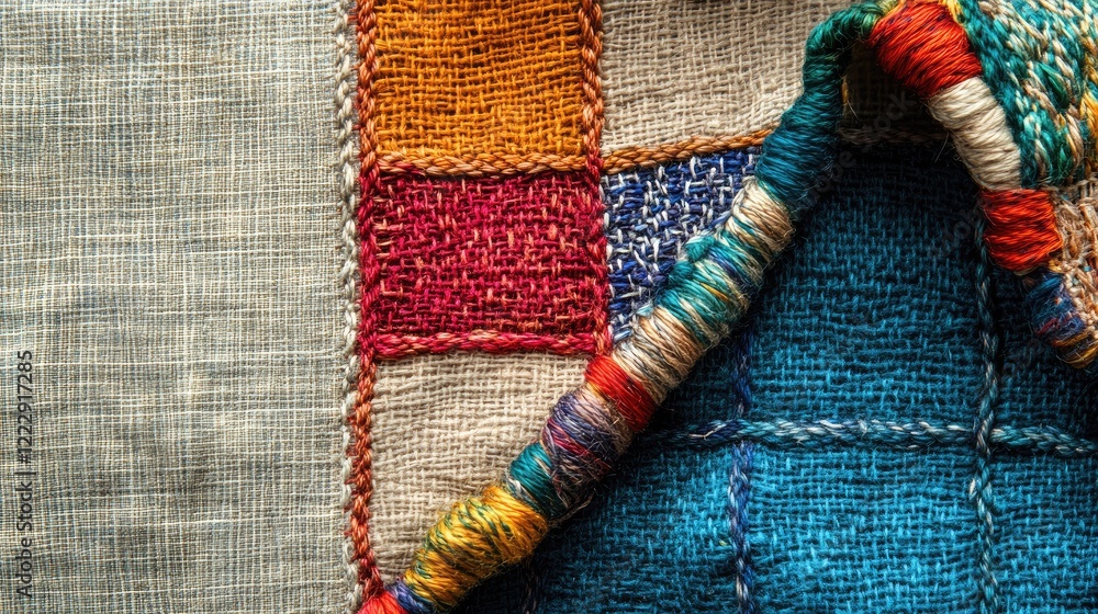 Poster handcrafted textile banner featuring intricate needlework and vibrant threads with ample copy space 