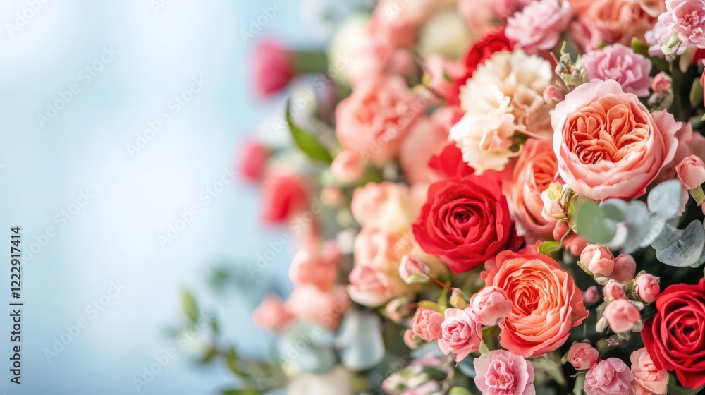 Poster colorful bouquet of roses and carnations with peach blossoms featuring soft focus background and spa