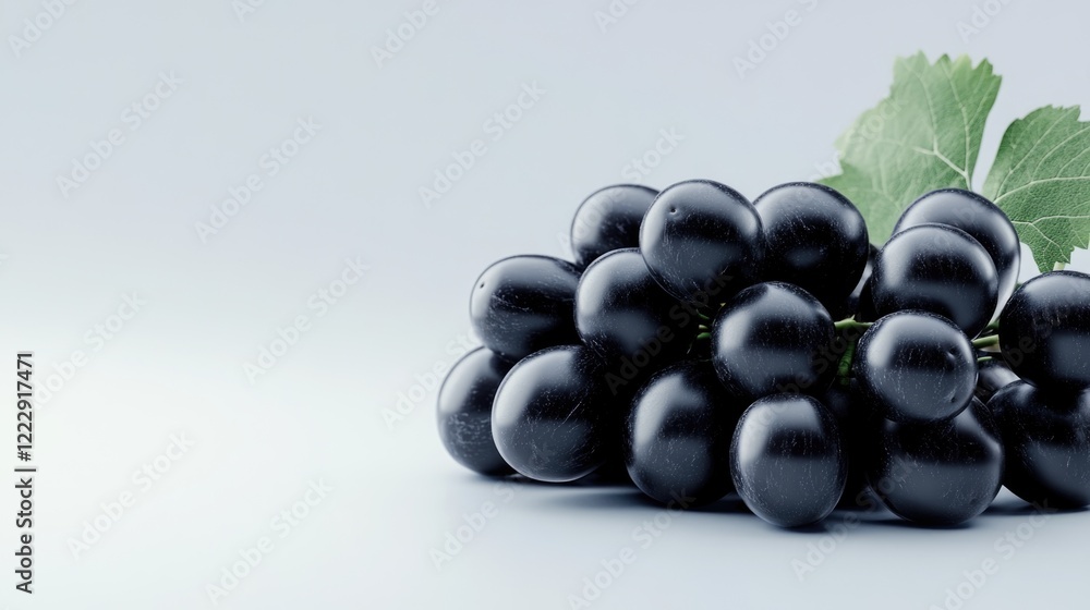 Poster Close up of ripe black grapes on light background perfect for wine making or healthy snacking with space for text or branding