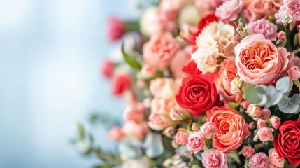 Colorful bouquet of roses and carnations with peach blossoms featuring soft focus background and space for text or graphics