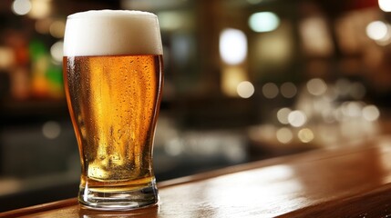 Close up of a frosty beer glass on a bar counter with blurred background and empty space for text or branding elements