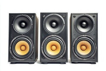 Fototapeta premium Three Elegant Black Speakers with Vibrant Yellow Cones: High-Fidelity Audio Equipment for Immersive Sound Experiences.
