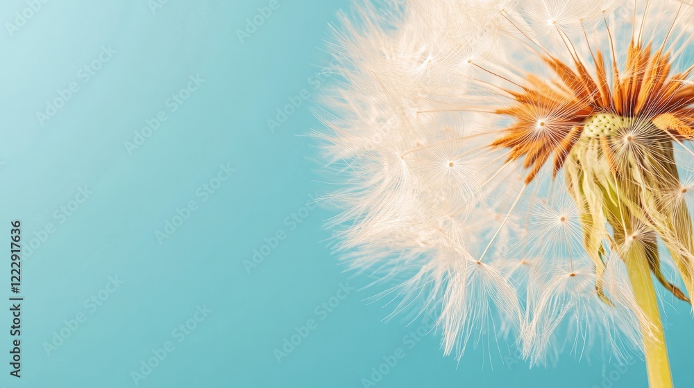 Poster fluffy dandelion flower on a blue background highlighting intricate details and empty space for prom