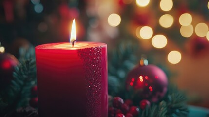 Elegant red candle flickering softly against a blurred festive background creating a warm ambiance with space for text or messages