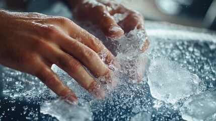 Fototapeta premium Hands scraping ice from a car window in winter with droplets of water and ice fragments creating an empty space for text or graphics
