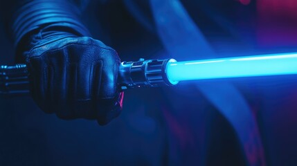 Hand gripping illuminated lightsaber in dark setting with ample space for text or overlay elements