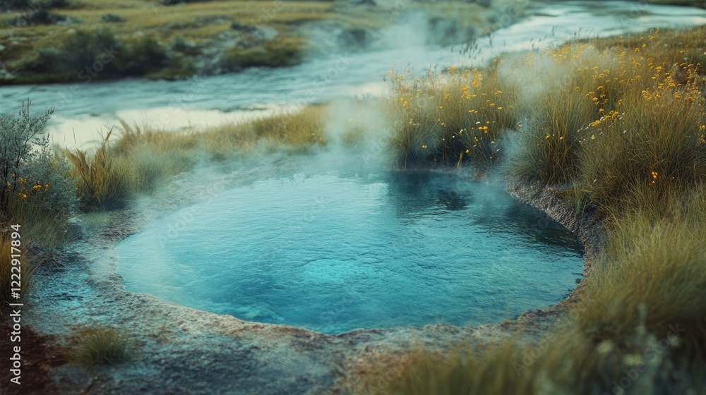 Poster Boiling natural hot spring surrounded by lush grass near a river with steam and empty space for text in a tranquil landscape setting