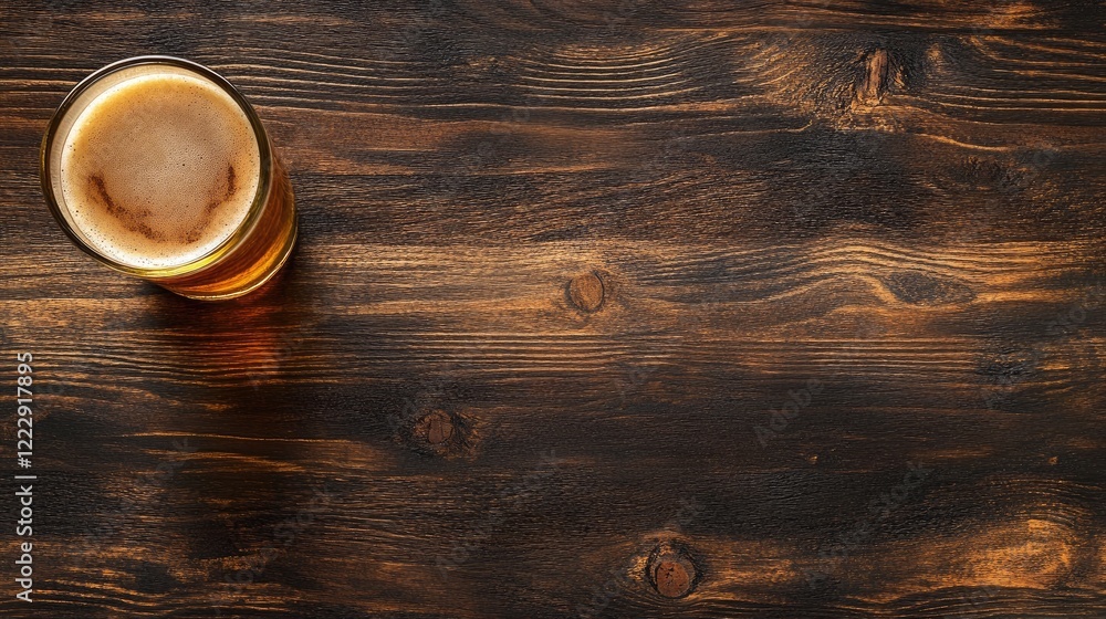 Poster close up of a frothy beer glass on a dark wooden table with ample copy space for promotional text or