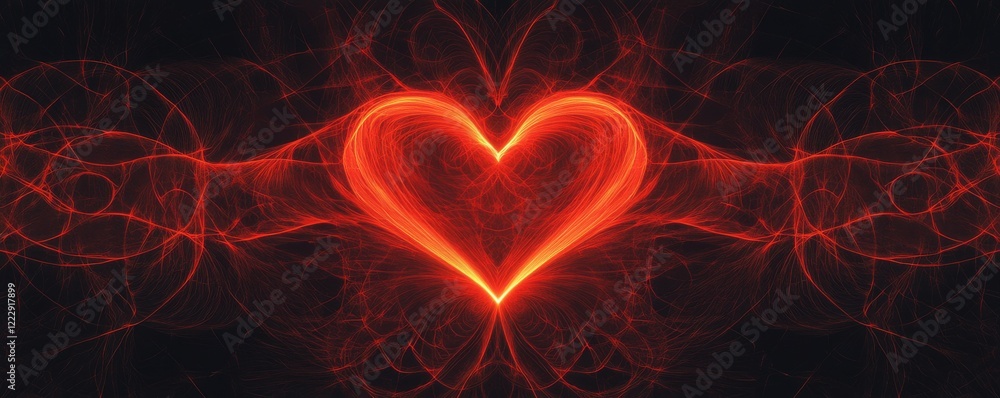 Poster minimalistic red heartbeat pattern with a glowing heart at its center on a black background, abstrac