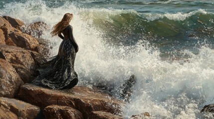 Fototapeta premium Selkie transforming on a rocky shore, her seal skin shimmering as she steps towards the ocean, waves crashing dramatically