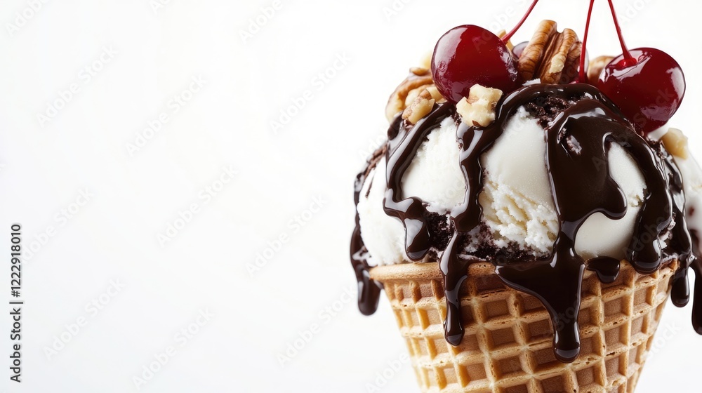 Poster Delicious ice cream in waffle cone topped with chocolate syrup nuts and cherries on white background with space for text or advertisement