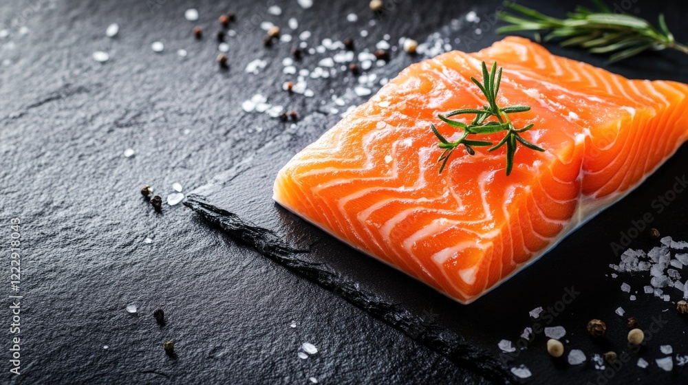 Aufkleber Fresh salmon fillet on slate plate with herbs and spices ready for culinary use and presentation with space for text or recipes
