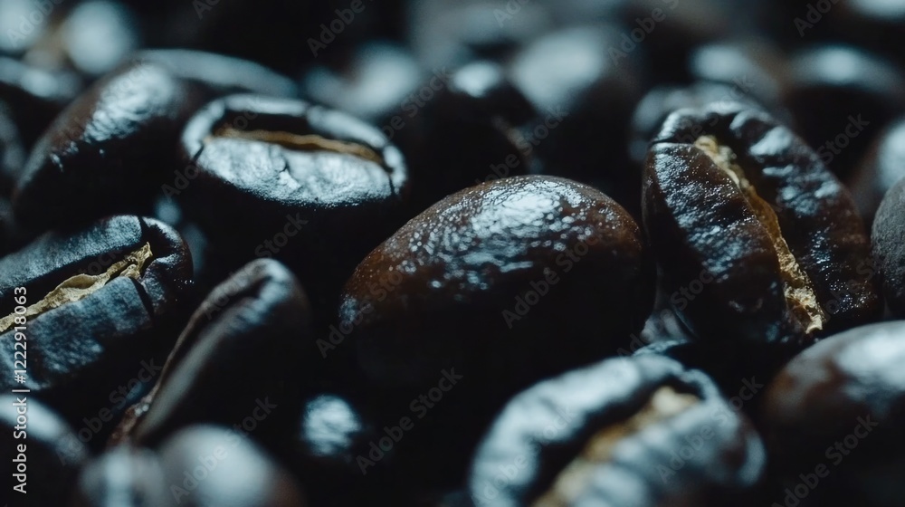 Poster Close Up of Glossy Roasted Coffee Beans with Refined Texture and Empty Space for Textual Elements in a Dark Background Setting