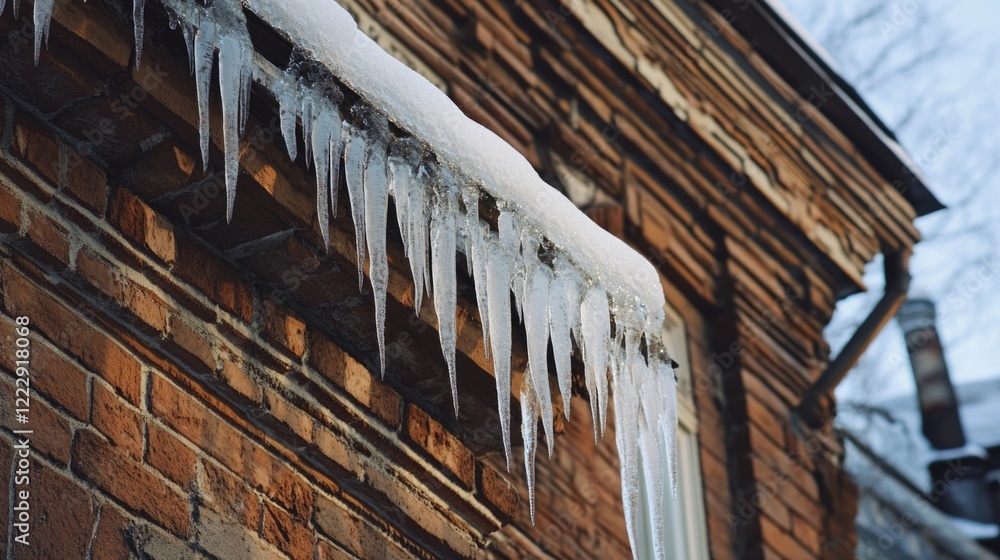 Aufkleber icicles hanging from a roof edge with a rustic brick background and ample copy space for winter-them