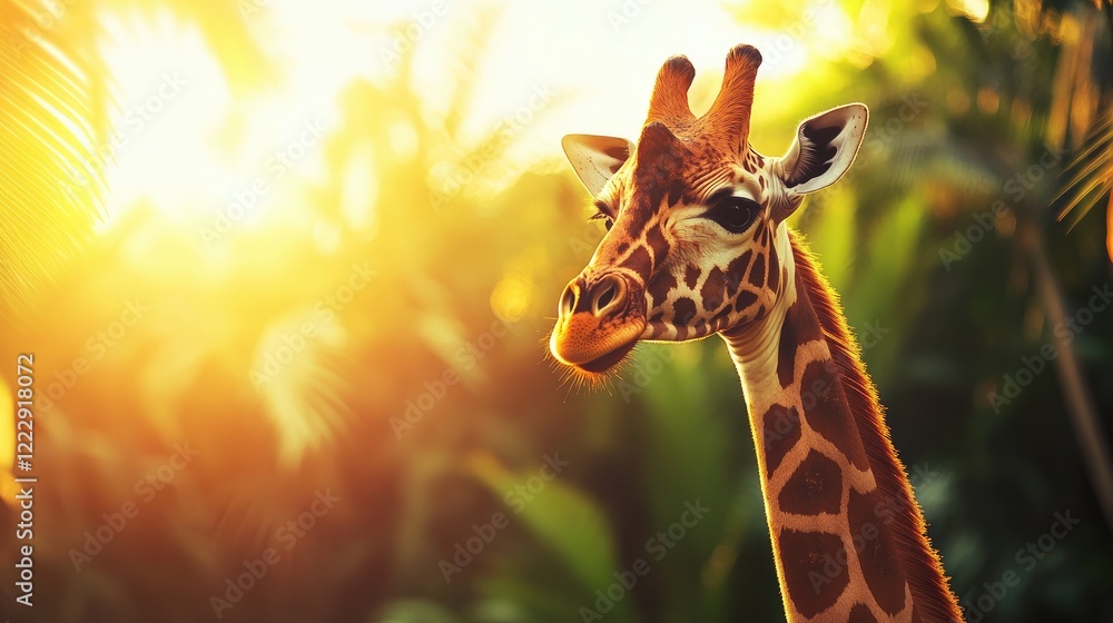 Poster Giraffe Portrait in Lush Rainforest at Sunset with Space for Text and Design Elements