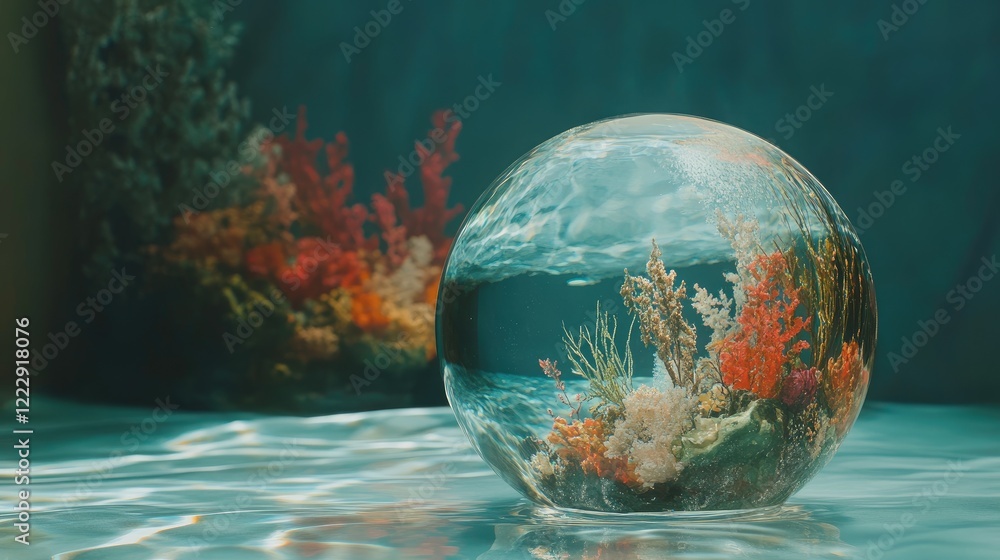 Poster glass sphere capturing underwater reflections with vibrant coral and plant life, featuring blank spa
