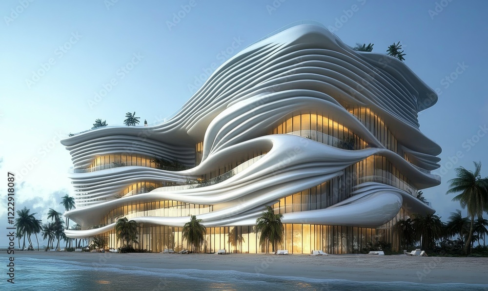 Aufkleber modern building designs, a rectangular 3 story building with a parametric thin horizontal wave like 