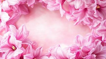 Fototapeta premium Elegant pink hyacinth flowers framing a soft pastel background ideal for adding custom text or personal messages