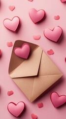 Fototapeta premium A beautifully crafted envelope rests on a soft pink background, surrounded by various pink heart-shaped decorations, capturing the essence of love and creativity during Valentine's Day