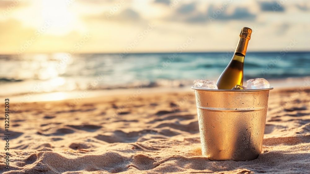 Poster elegant wine bottle in ice bucket on sandy beach at sunset with ocean backdrop and ample space for p