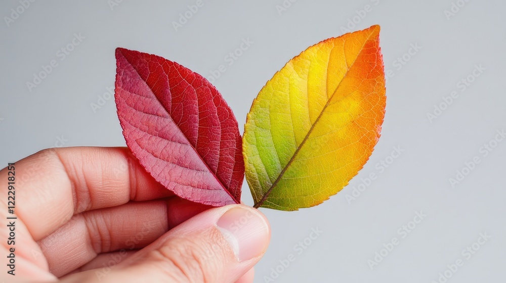 Poster close up of a hand holding vibrant autumn leaves against a neutral background with ample space for t