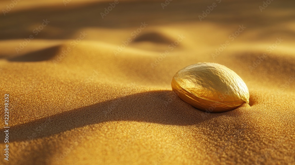 Poster golden pod resting on sandy surface showcasing natural textures with ample copy space for agricultur