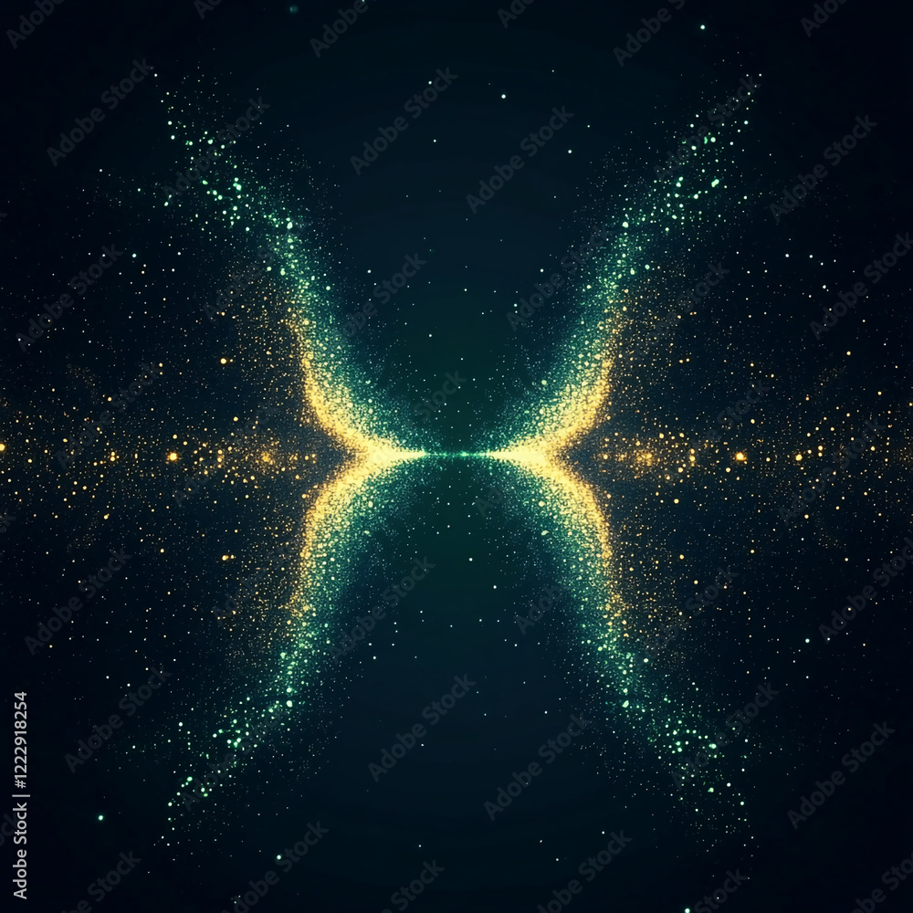 Poster glowing particles forming a dynamic abstract pattern of light on dark background