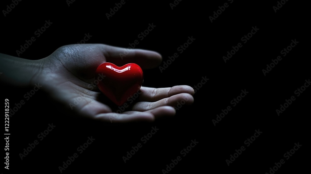 Poster close up of a hand gently holding a vibrant red heart on a dark background ideal for love and emotio