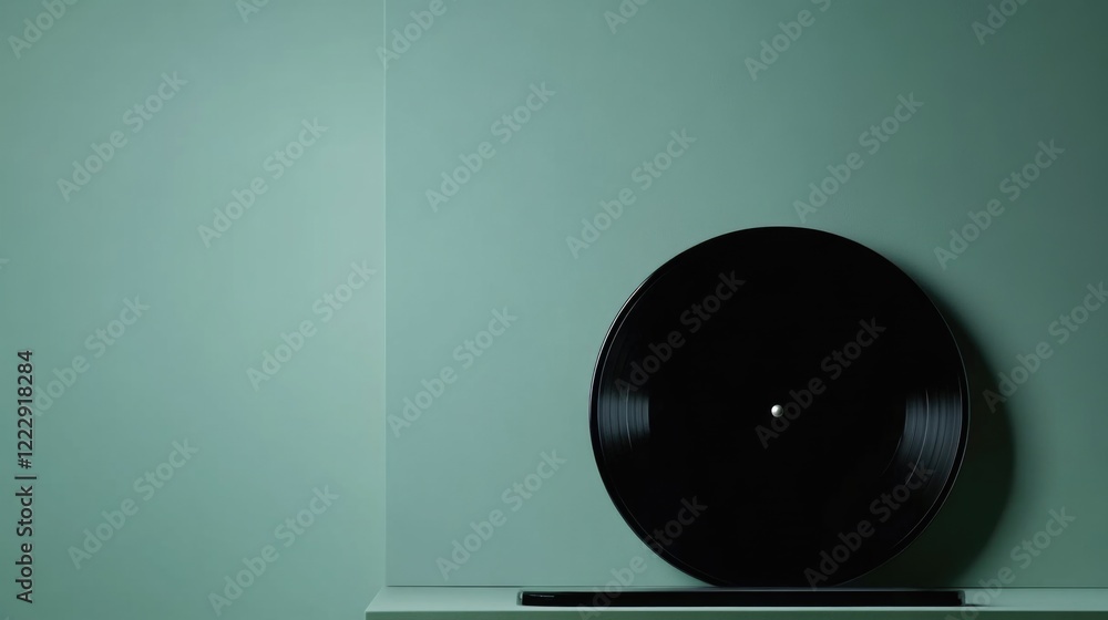 Poster Close up of a spinning vinyl record on a minimalist turntable with ample empty space for text and design elements