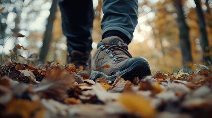 Close up of a hiker's boot walking through vibrant autumn leaves in a serene forest environment with space for your text
