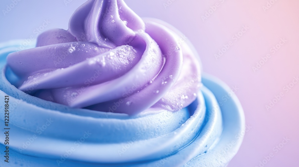 Poster colorful creamy dessert swirl in blue and purple tones with a soft focus and empty space for persona