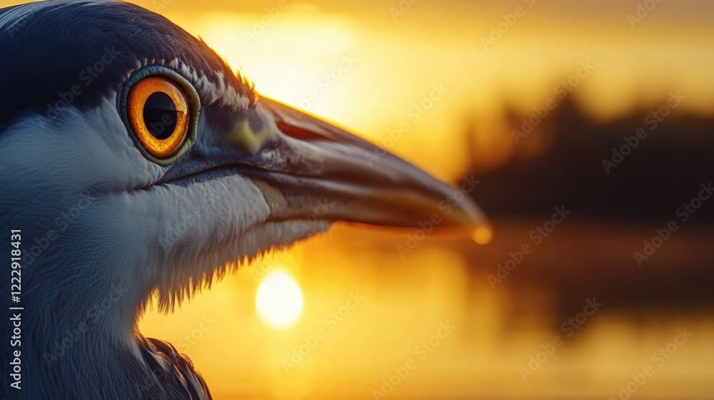 Poster heron gazing at a serene pond during sunset with vibrant colors and ample space for overlaying text.