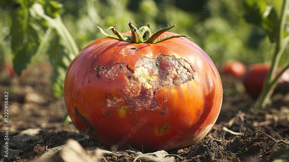 Poster close up of a ripe tomato with blemishes in a thriving garden field showcasing empty space for text 