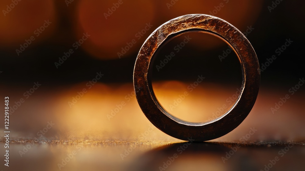 Aufkleber close up of a metallic half diameter ring with a central hole on a blurred background creating space