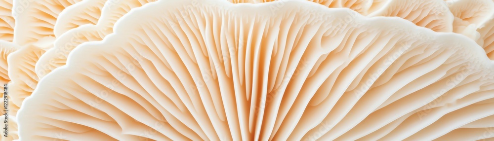 Poster close-up of delicate mushroom gills showcasing intricate patterns and soft colors.
