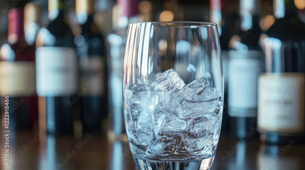 Poster close up of a glass of ice water with blurred wine bottles in the background perfect for beverage ad