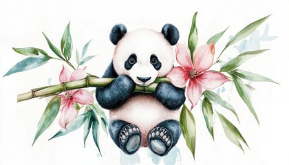 Adorable panda bear munching on bamboo surrounded by vibrant flowers in a serene, artistic setting