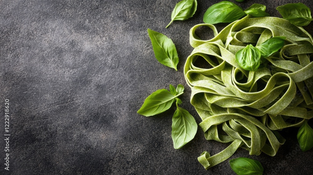 Poster Homemade green pasta arranged with fresh basil leaves on dark surface with ample empty space for text or food branding messages