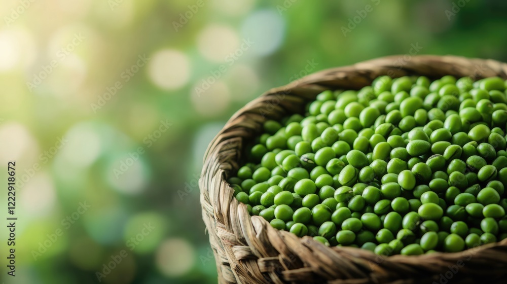 Poster freshly harvested green beans in a rustic woven basket with soft blurred background ideal for organi
