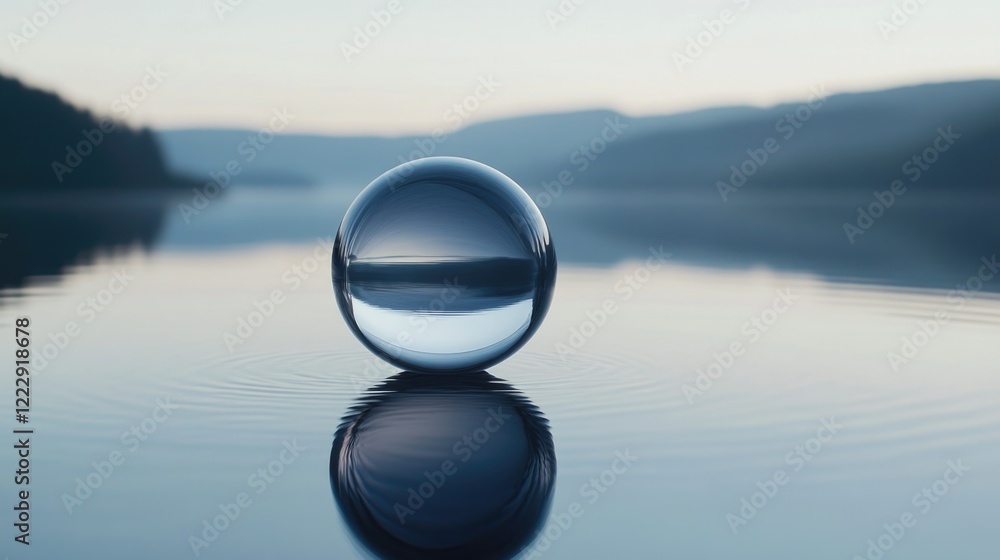 Poster Spherical glass orb resting on calm lake surface reflecting tranquil surroundings with ample space for creative text overlay
