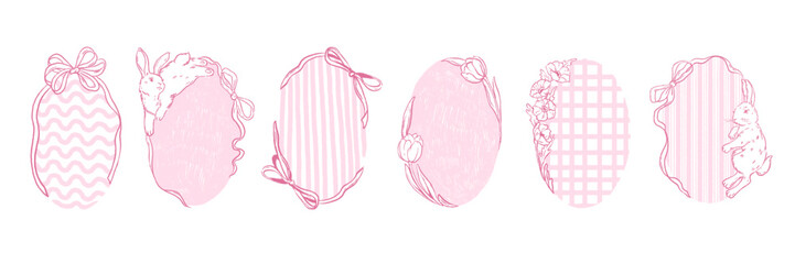 Cute ribbon bow frame, vector hand drawn easter postcard decoration, doodle rabbit, tulip flower. Holiday minimal pink banner, wax crayon pencil texture, floral spring vintage print. Ribbon frame set