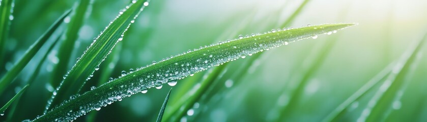 Close-up of dewy grass blades glistening in morning light, showcasing nature's beauty.