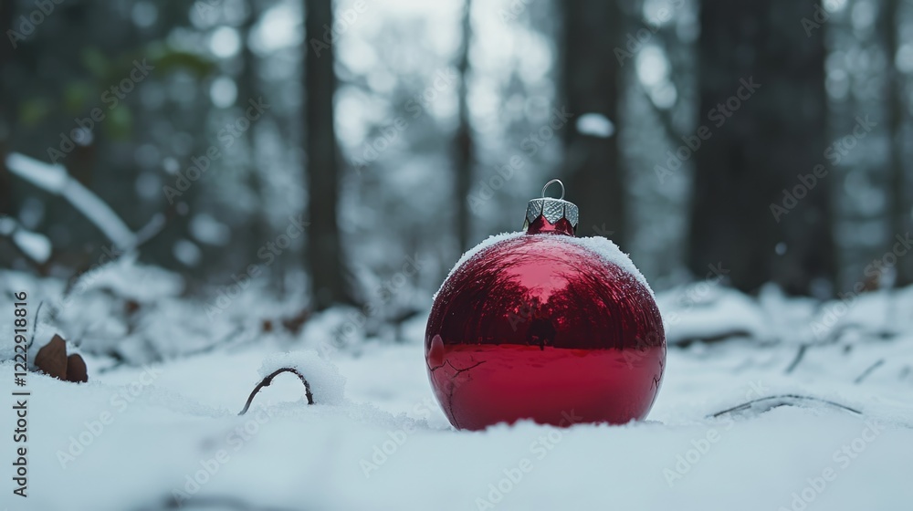 Poster Close up of a shiny red Christmas ornament resting on snow in a tranquil forest setting with ample space for personalized text or messages